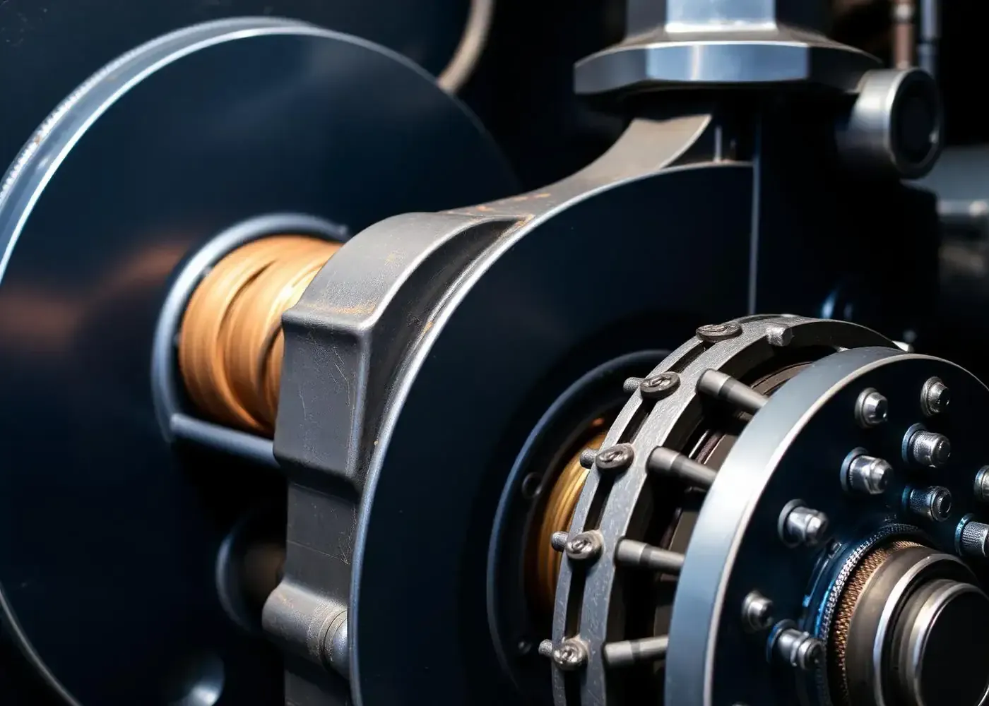 Close-up of a gearless permanent-magnet elevator traction machine engineered by Liftech